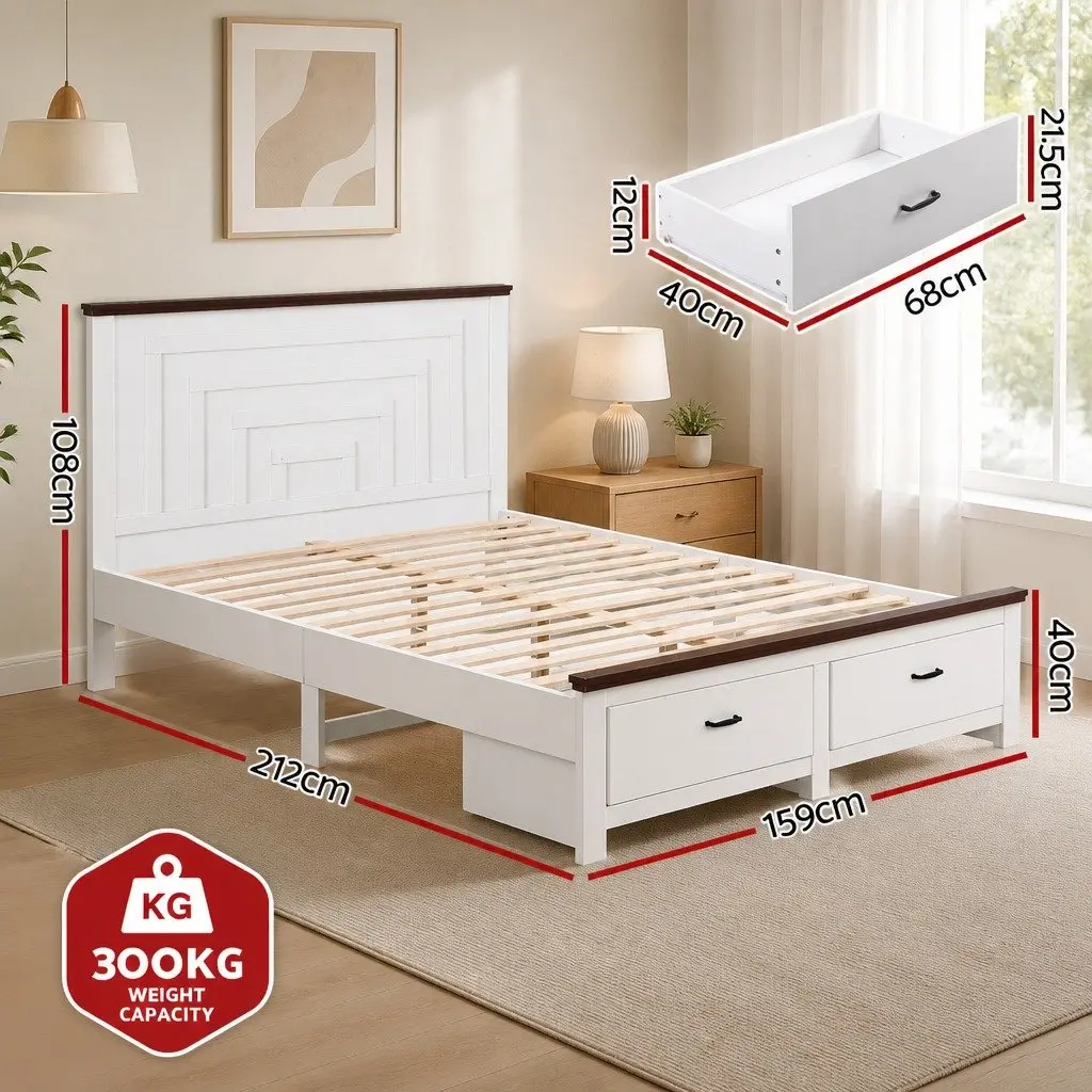 Queen Bed Frame Wooden White 108cm Tall Headboard with 2 Storage Drawers Platform Style