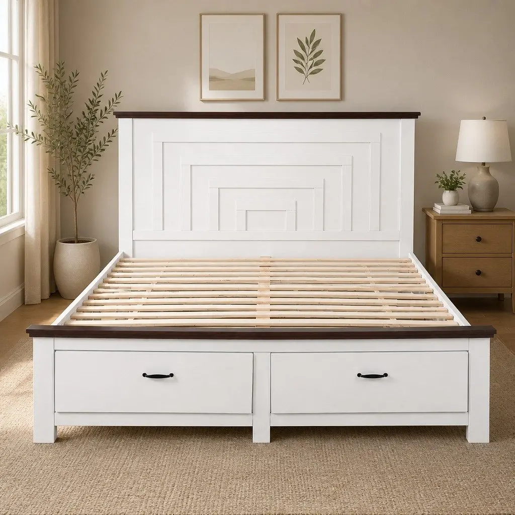 Queen Bed Frame Wooden White 108cm Tall Headboard with 2 Storage Drawers Platform Style