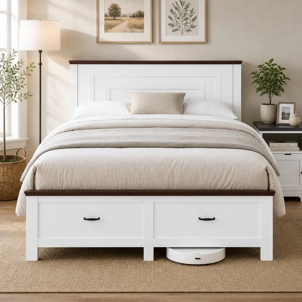 Queen Bed Frame Wooden White 108cm Tall Headboard with 2 Storage Drawers Platform Style