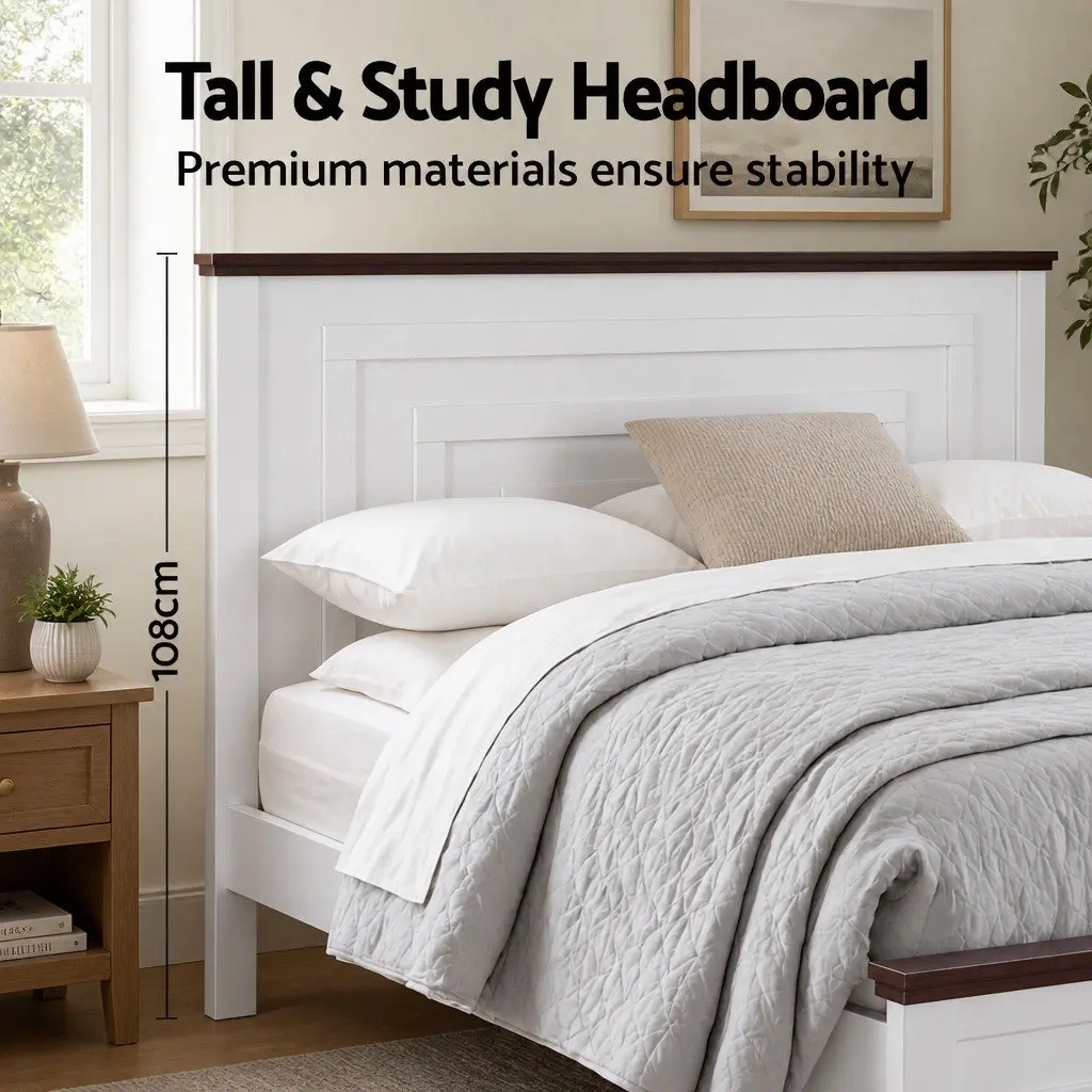 Queen Bed Frame Wooden White 108cm Tall Headboard with 2 Storage Drawers Platform Style