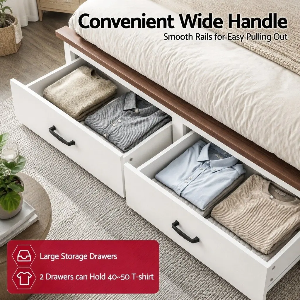 Queen Bed Frame Wooden White 108cm Tall Headboard with 2 Storage Drawers Platform Style