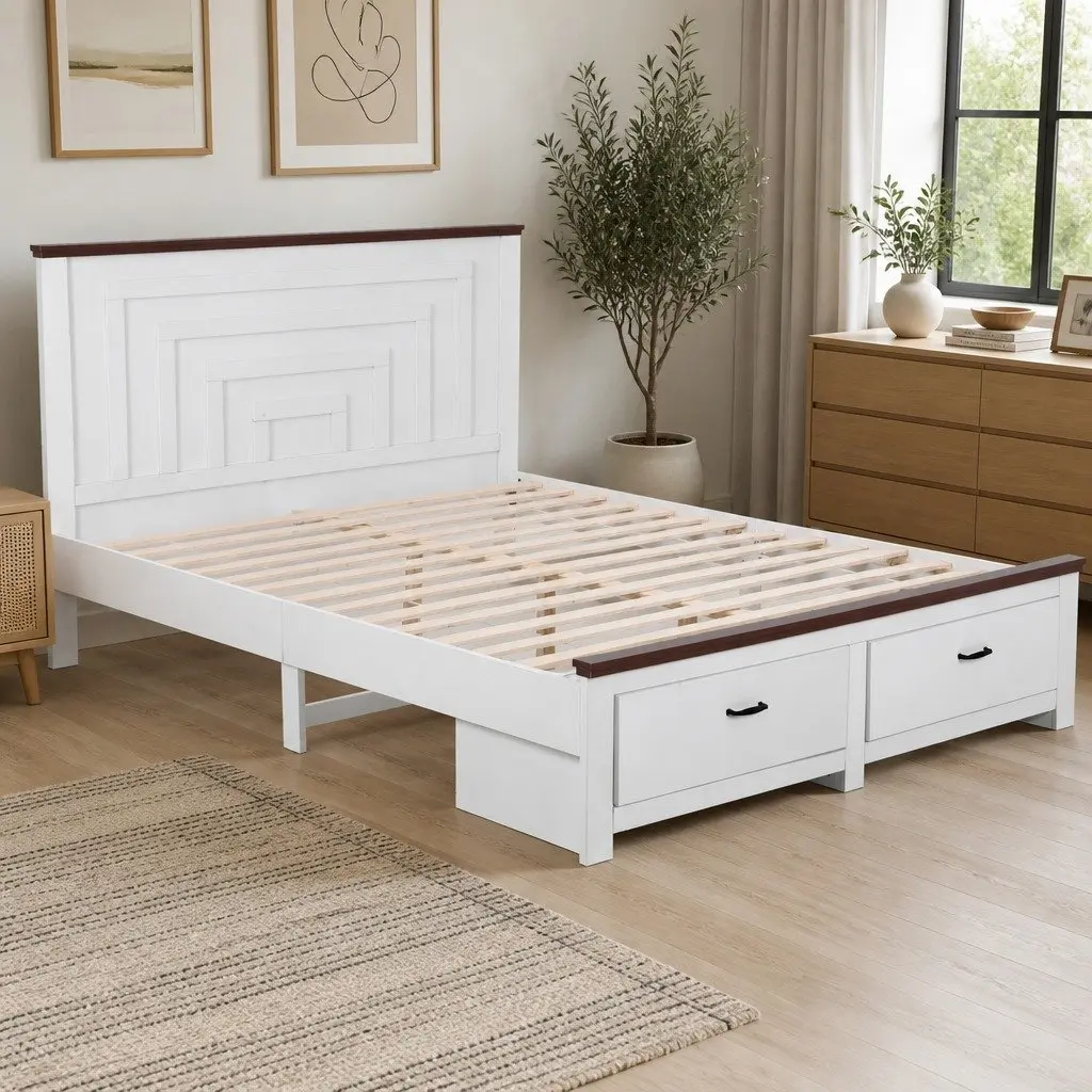 Queen Bed Frame Wooden White 108cm Tall Headboard with 2 Storage Drawers Platform Style