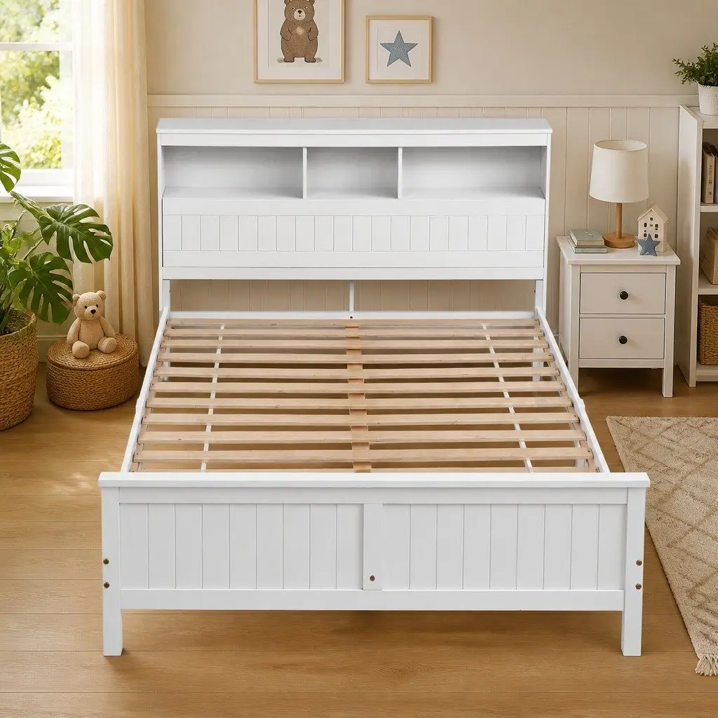 Queen Bed Frame Wooden Bed Base with Storage Headboard Footboard White