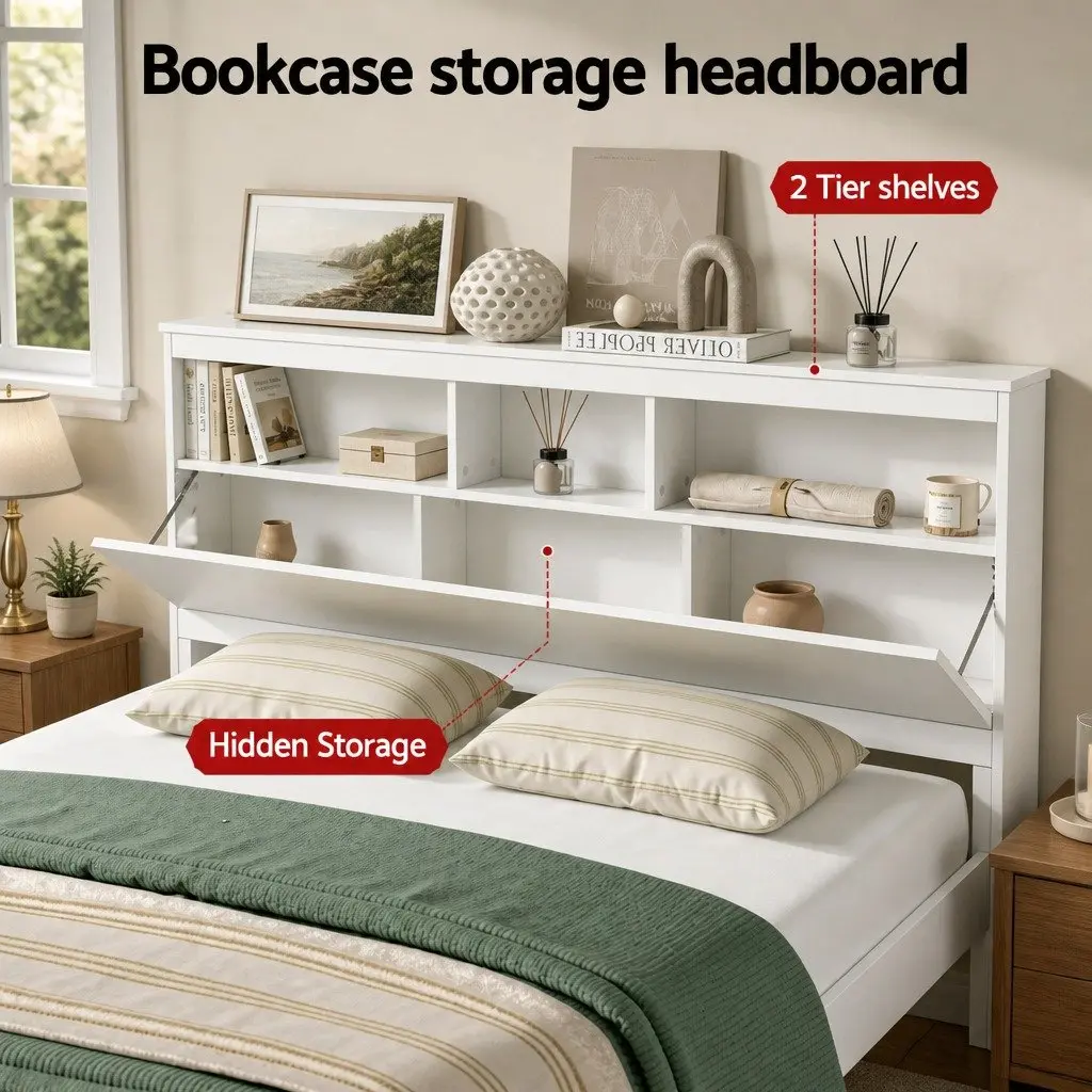 Queen Bed Frame Wooden Bed Base with Storage Headboard Footboard White