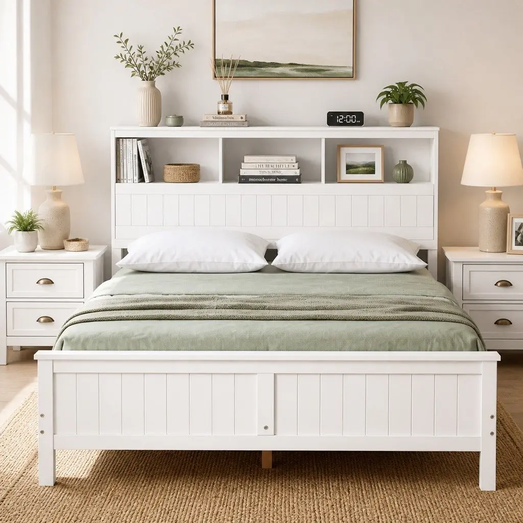 Queen Bed Frame Wooden Bed Base with Storage Headboard Footboard White