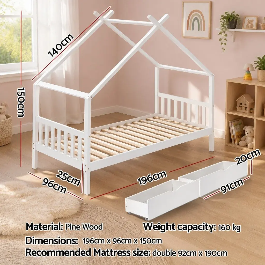Kids Single Bed Frame House Design White Wooden with 2 Storage Drawers
