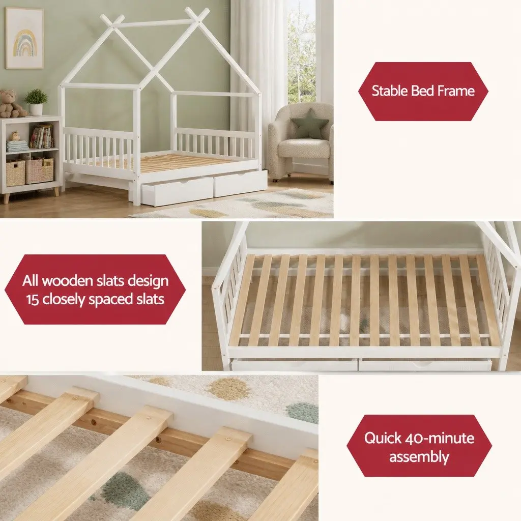 Kids Single Bed Frame House Design White Wooden with 2 Storage Drawers