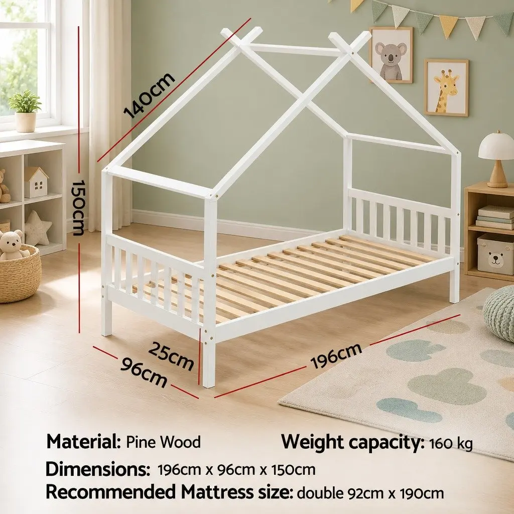 Kids Single House Bed Frame Wooden Base Timber Playhouse White Bedroom Furniture