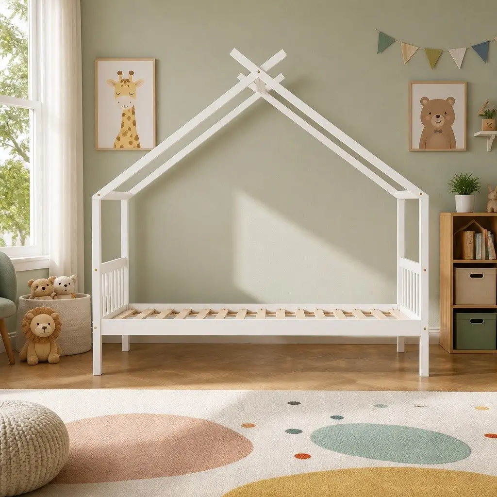 Kids Single House Bed Frame Wooden Base Timber Playhouse White Bedroom Furniture
