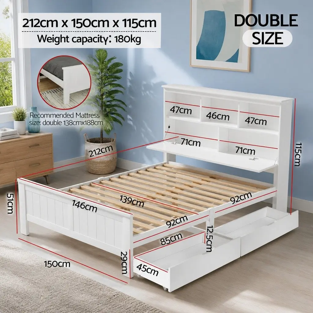 Double Bed Frame Wooden Pine White with Storage Headboard for Kids and Adults