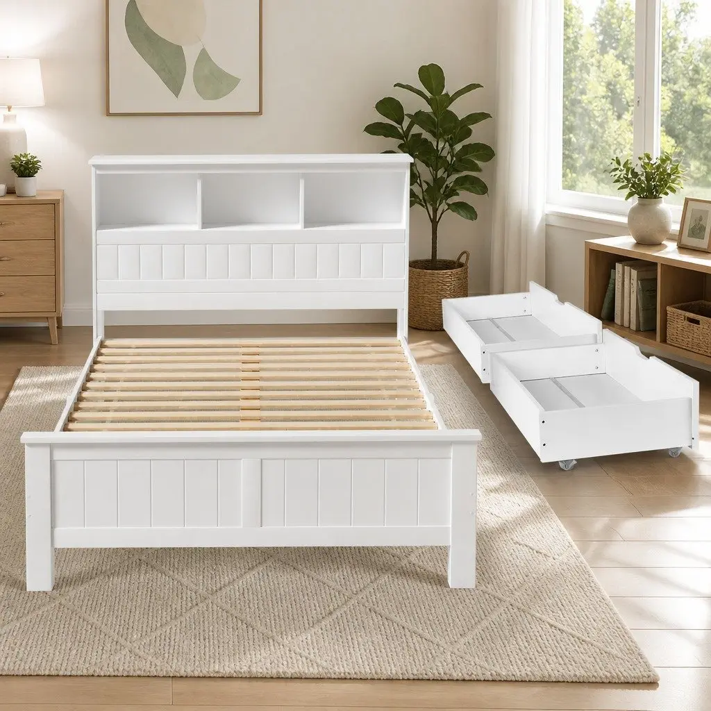 Double Bed Frame Wooden Pine White with Storage Headboard for Kids and Adults