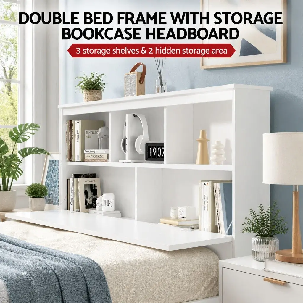Double Bed Frame Wooden Pine White with Storage Headboard for Kids and Adults