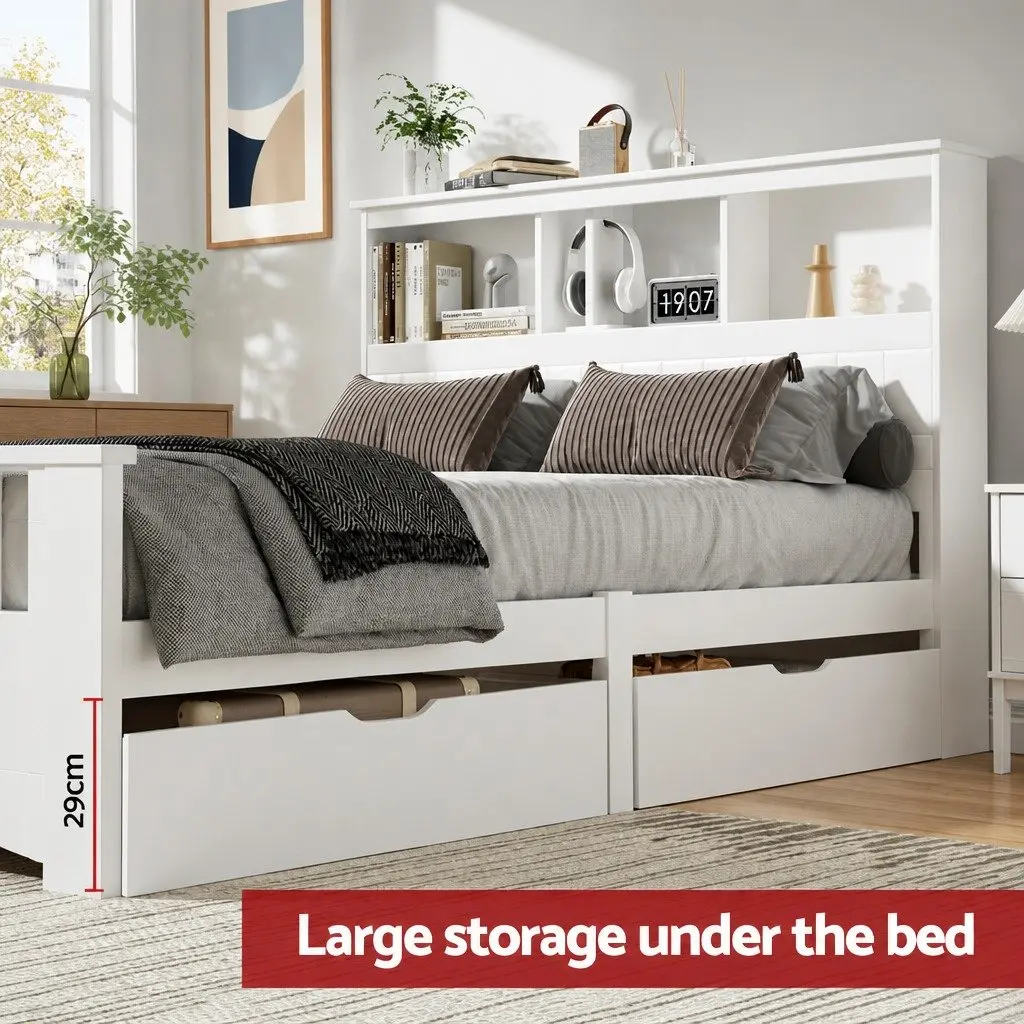 Double Bed Frame Wooden Pine White with Storage Headboard for Kids and Adults