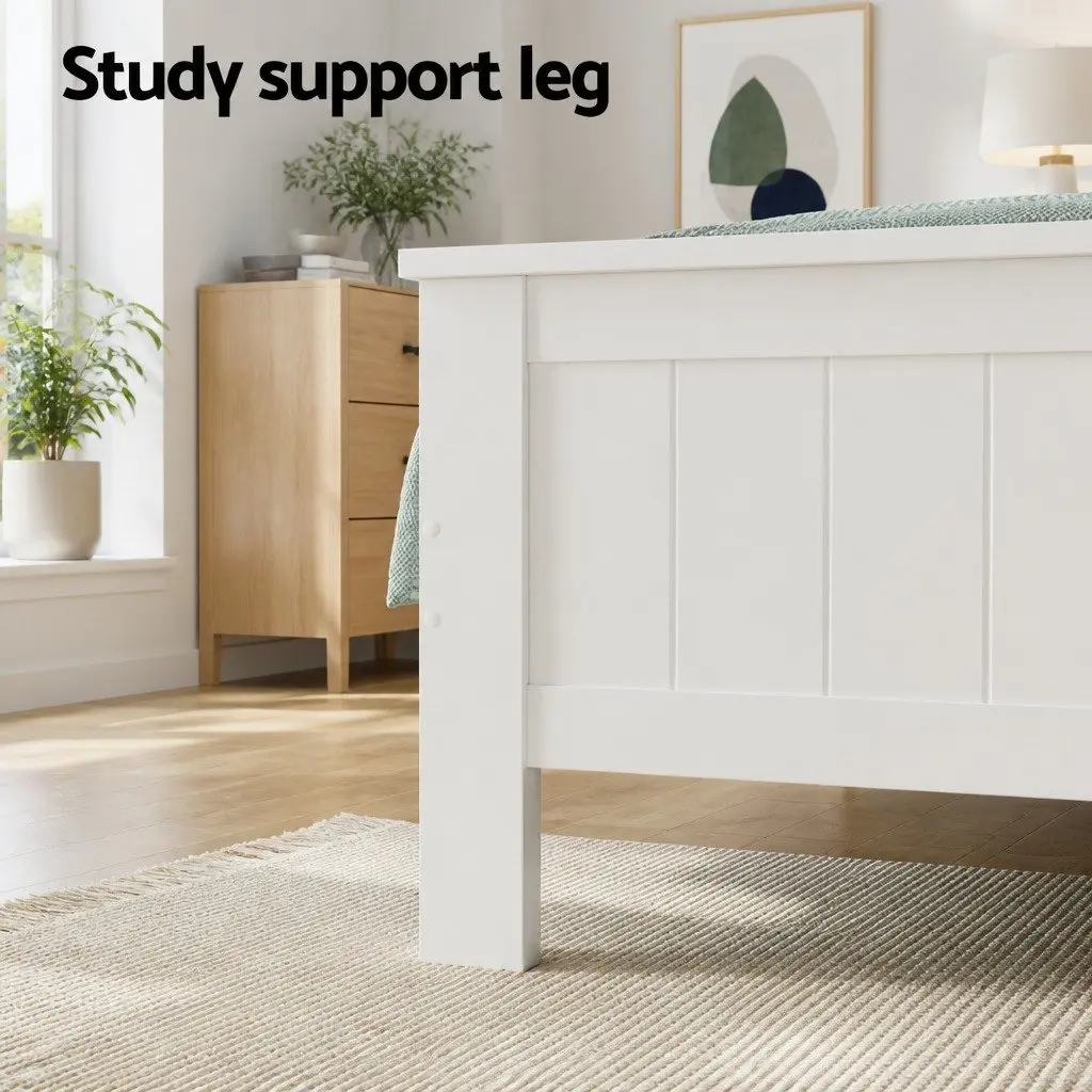 Double Bed Frame Wooden Pine White with Storage Headboard for Kids and Adults