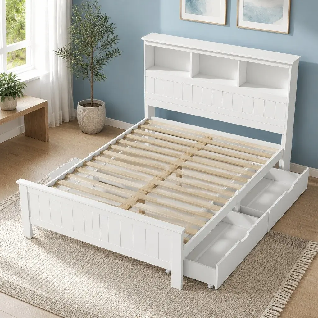 Double Bed Frame Wooden Pine White with Storage Headboard for Kids and Adults