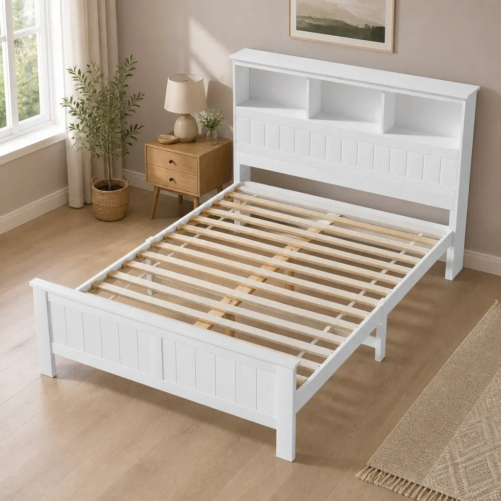 Double Bed Frame Wooden White with 3 Storage Shelves Headboard