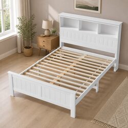 Double Bed Frame Wooden White with Storage Headboard Shelves Kids Adults