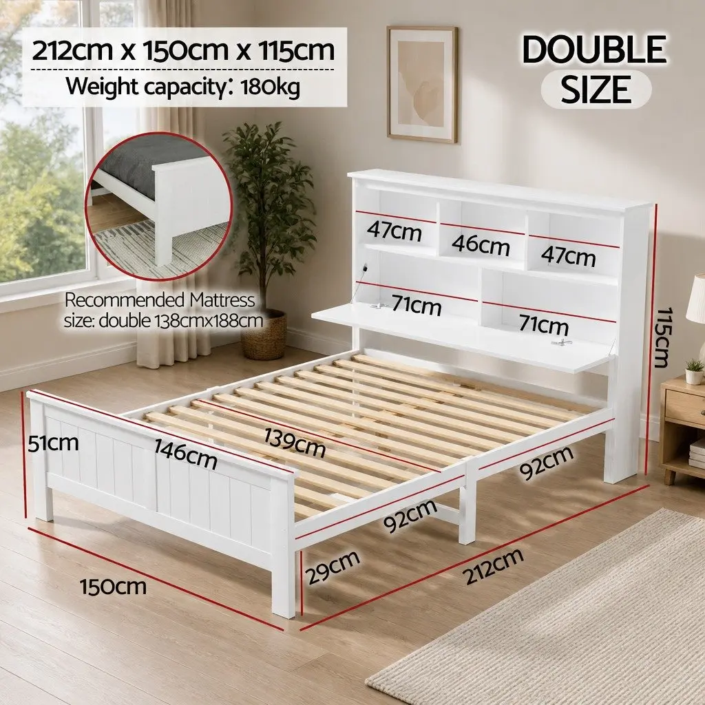 Double Bed Frame Wooden White with 3 Storage Shelves Headboard