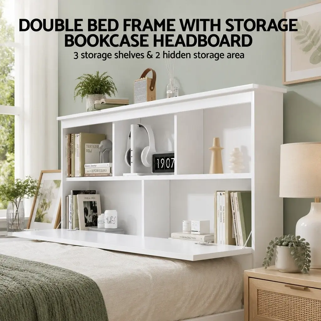 Double Bed Frame Wooden White with 3 Storage Shelves Headboard