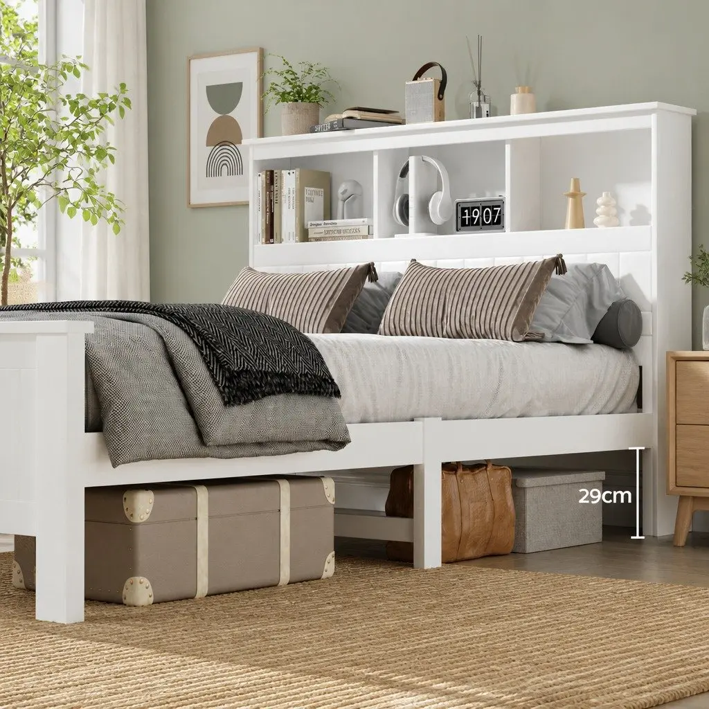 Double Bed Frame Wooden White with 3 Storage Shelves Headboard