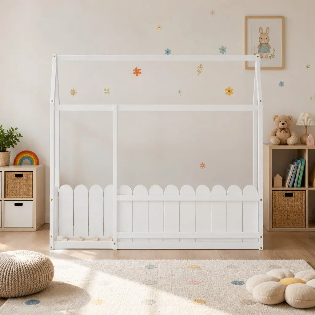 Kids Bed Frame House-Shaped Solid Pine Wood Single White