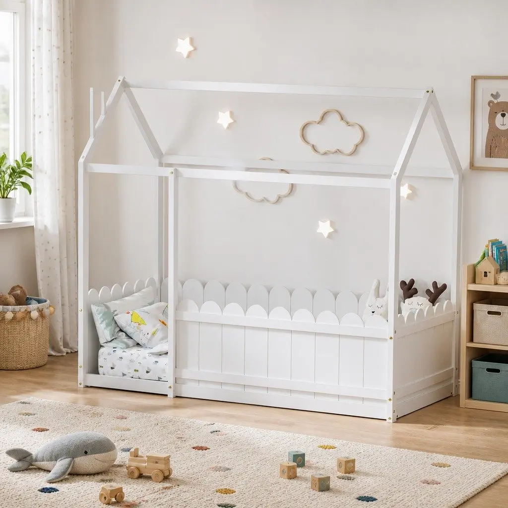 Kids Bed Frame House-Shaped Solid Pine Wood Single White