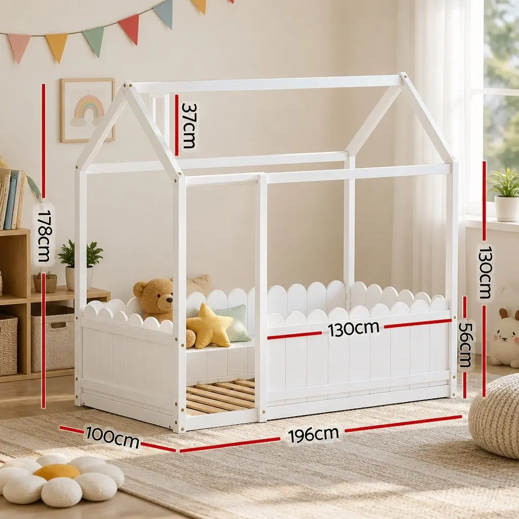 Kids Bed Frame House-Shaped Solid Pine Wood Single White