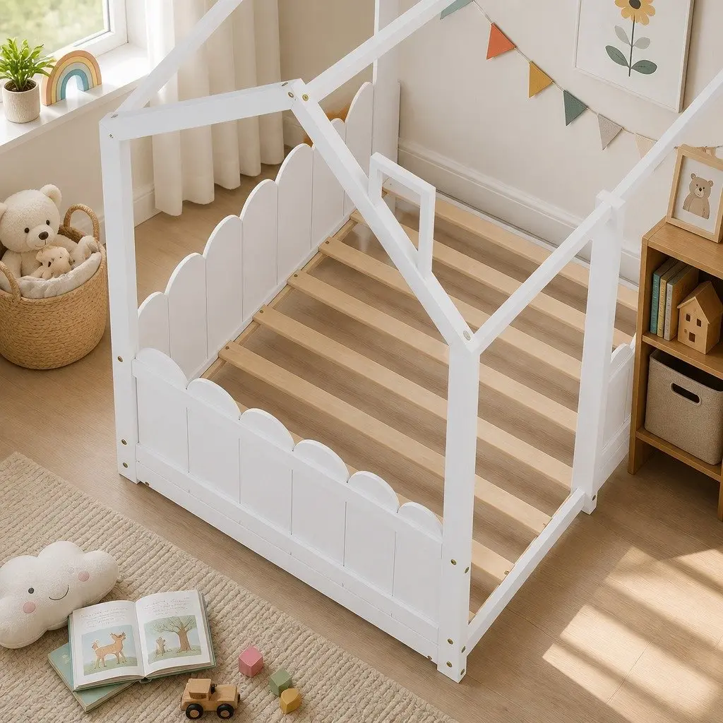 Kids Bed Frame House-Shaped Solid Pine Wood Single White