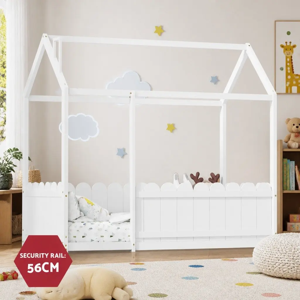 Kids Bed Frame House-Shaped Solid Pine Wood Single White