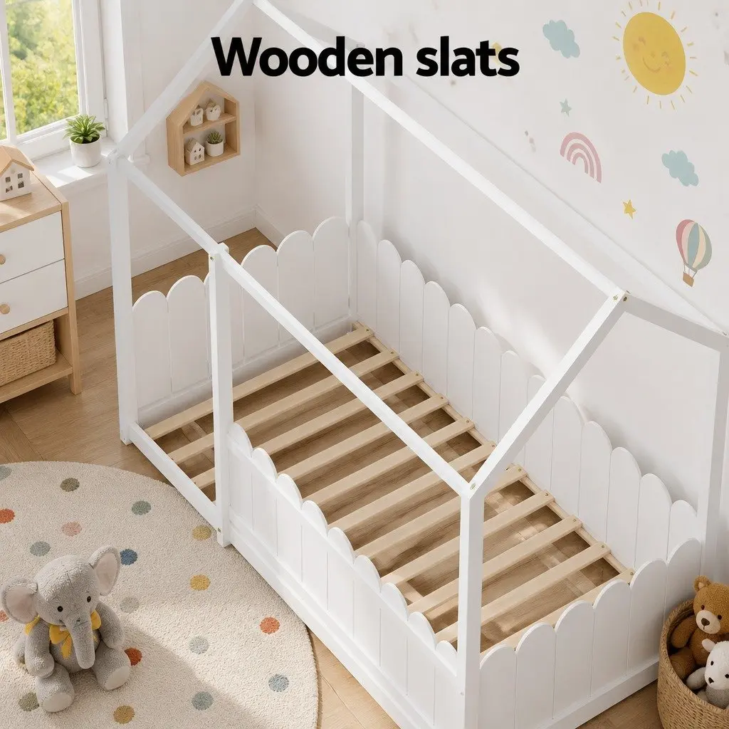 Kids Bed Frame House-Shaped Solid Pine Wood Single White