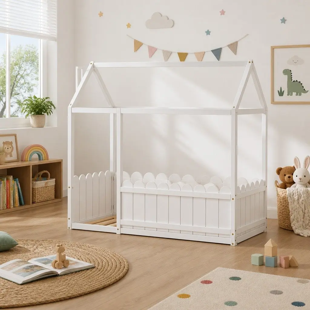 Kids Bed Frame House-Shaped Solid Pine Wood Single White