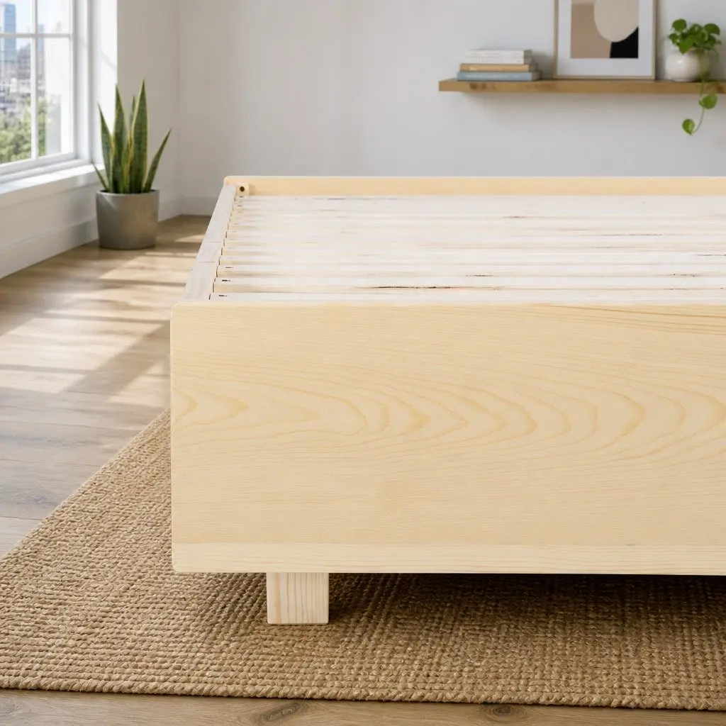 Double Bed Frame Floating Design Wooden Platform Slat Base Pine Bedroom