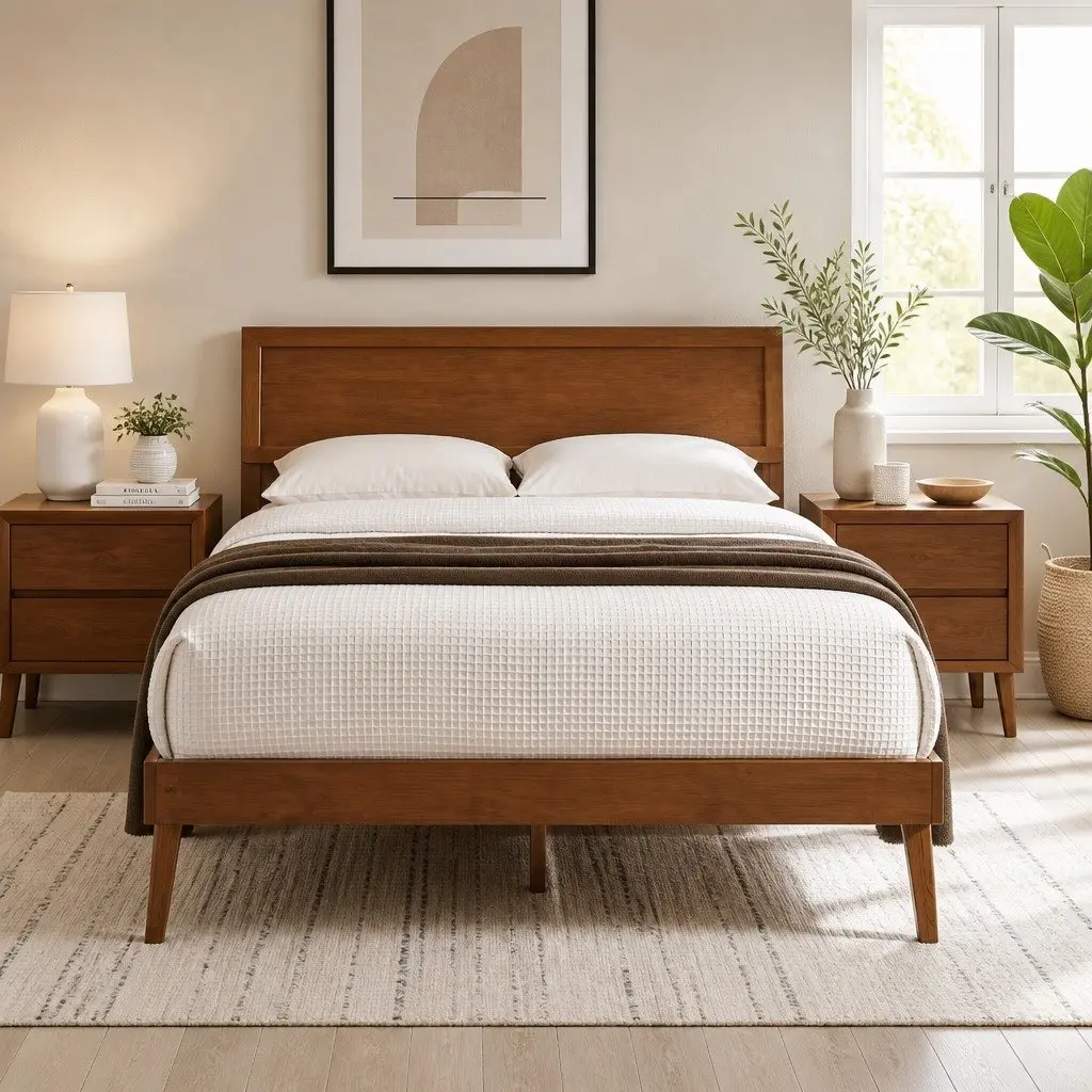 Queen Size Wooden Bed Frame Pinewood Slatted Base Walnut Colour Bedroom