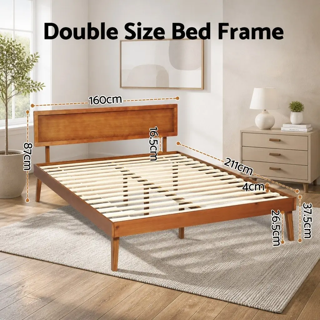 Queen Size Wooden Bed Frame Pinewood Slatted Base Walnut Colour Bedroom