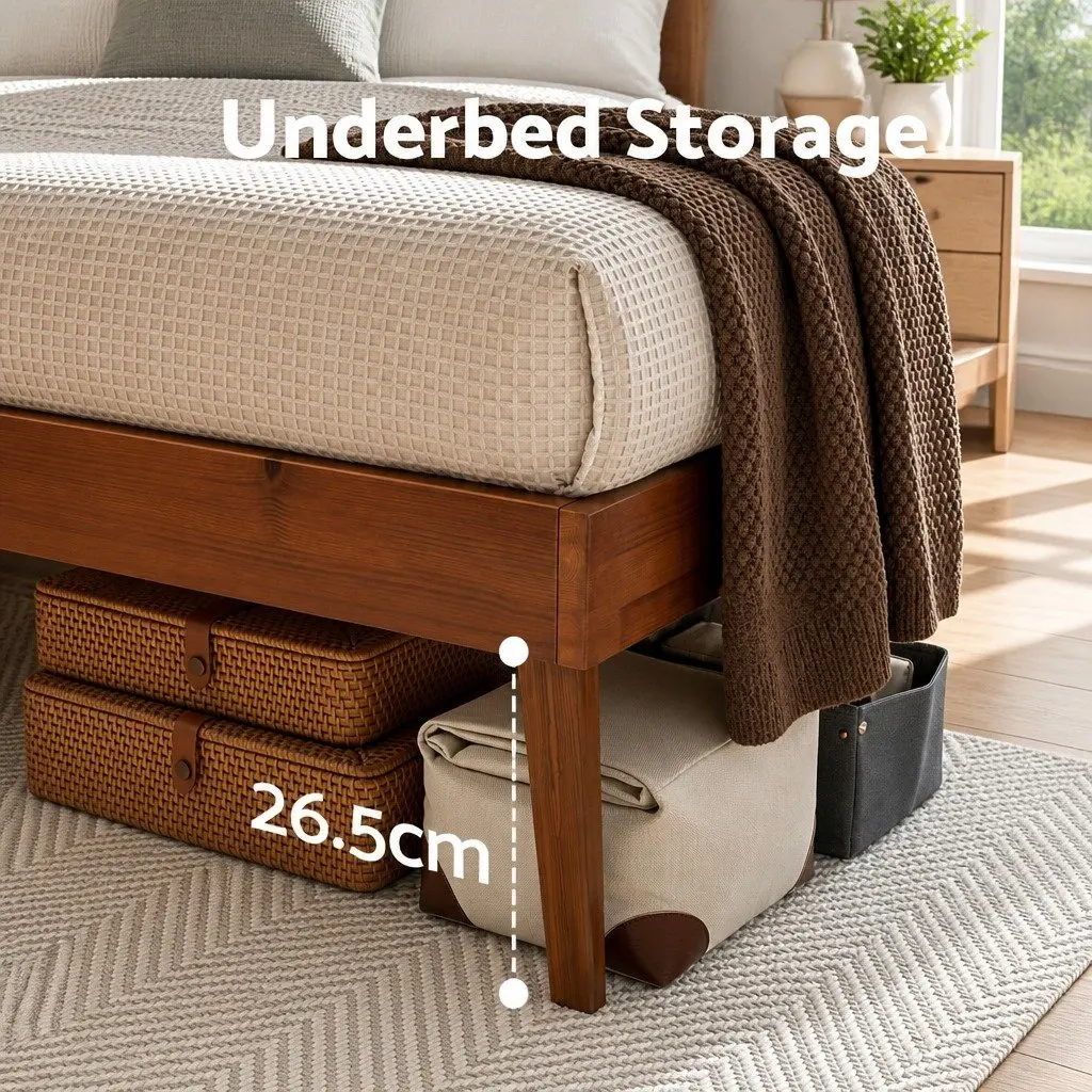 Queen Size Wooden Bed Frame Pinewood Slatted Base Walnut Colour Bedroom