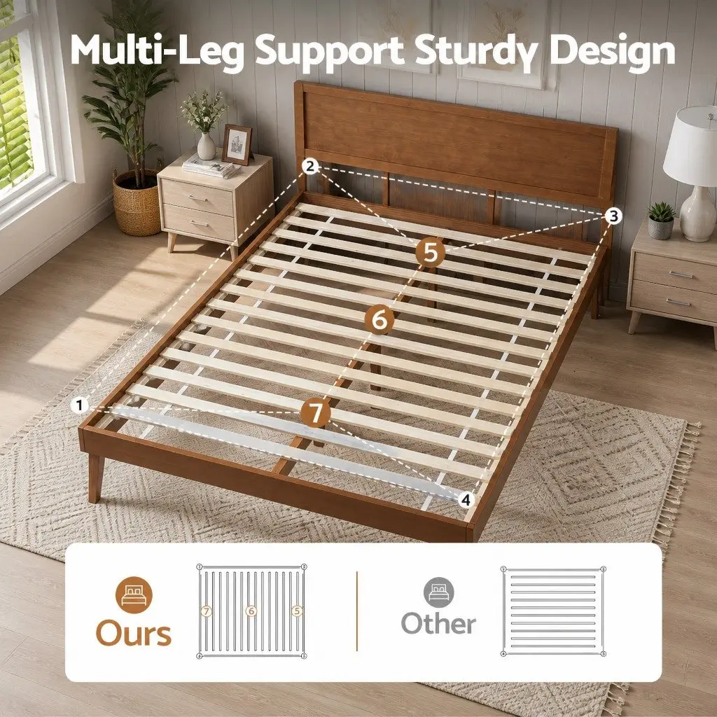 Queen Size Wooden Bed Frame Pinewood Slatted Base Walnut Colour Bedroom