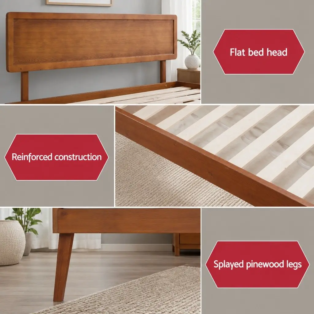 Queen Size Wooden Bed Frame Pinewood Slatted Base Walnut Colour Bedroom