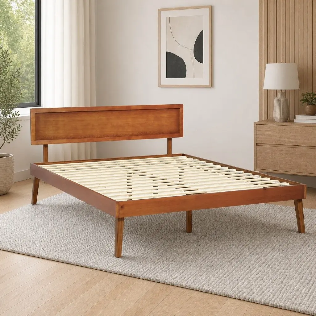 Queen Size Wooden Bed Frame Pinewood Slatted Base Walnut Colour Bedroom