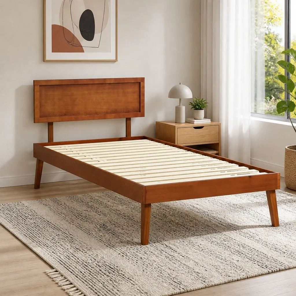 Single Bed Frame Wooden Slat Base Walnut Colour Modern Bedroom Furniture Easy