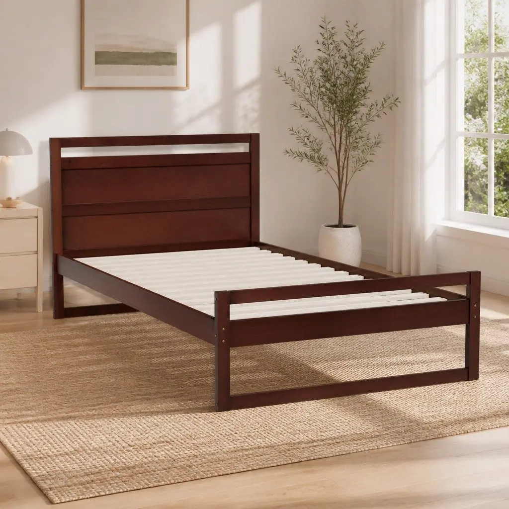 King Single Bed Frame Wooden Walnut Flat Head Rustic Style Pinewood Slatted Base