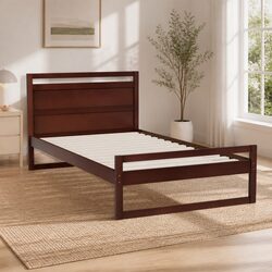 King Single Bed Frame Wooden Walnut Flat Head Rustic Style Pinewood Slatted Base