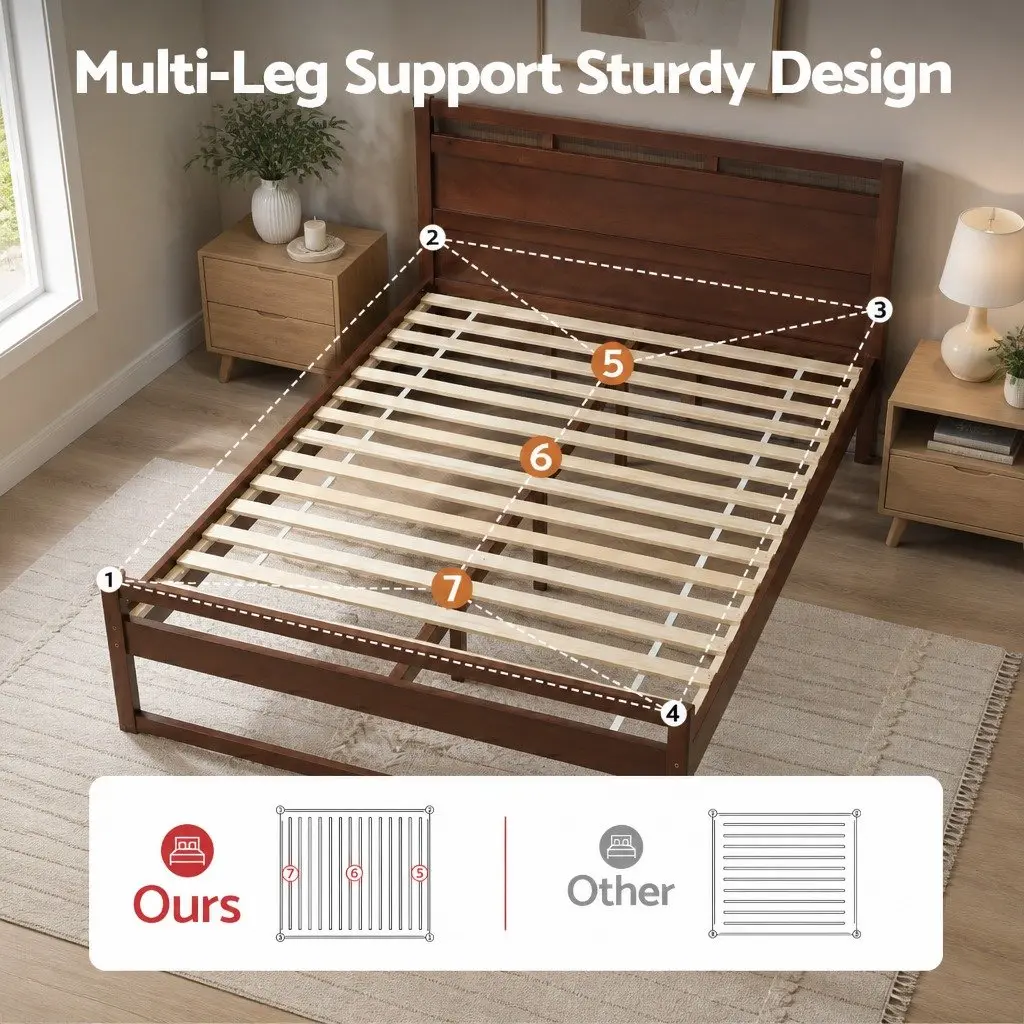 King Single Bed Frame Wooden Walnut Flat Head Rustic Style Pinewood Slatted Base