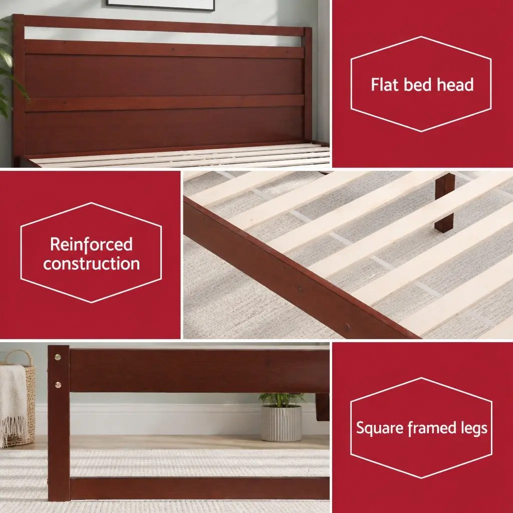 King Single Bed Frame Wooden Walnut Flat Head Rustic Style Pinewood Slatted Base