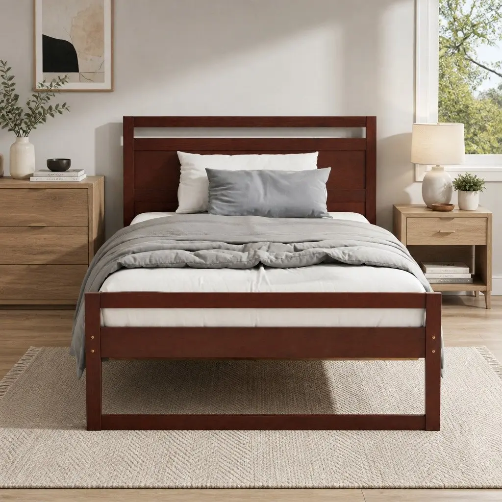 King Single Bed Frame Wooden Walnut Flat Head Rustic Style Pinewood Slatted Base