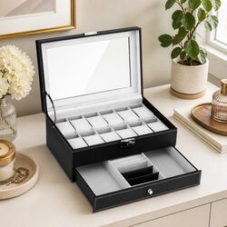 12 Grid Watch Box Organizer Jewelry Display Storage Case Black Two-Tier
