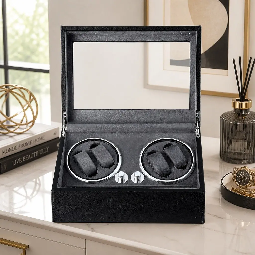 Automatic Watch Winder Dual Rotators Faux Leather Black 34 x 24 x 18 cm