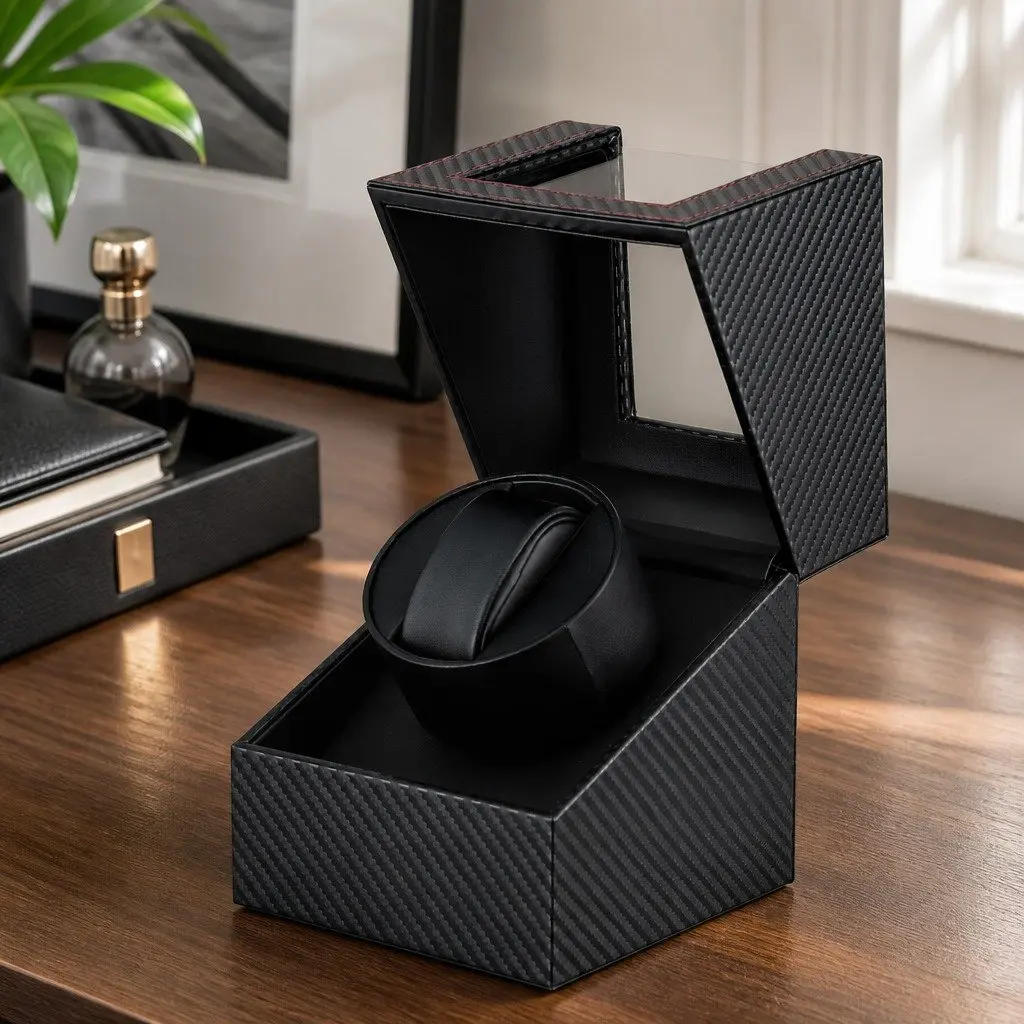 Watch Winder Box Automatic Single Quiet Motor Black MDF Faux Leather Acrylic 12.2 x 12.8 x 16 cm