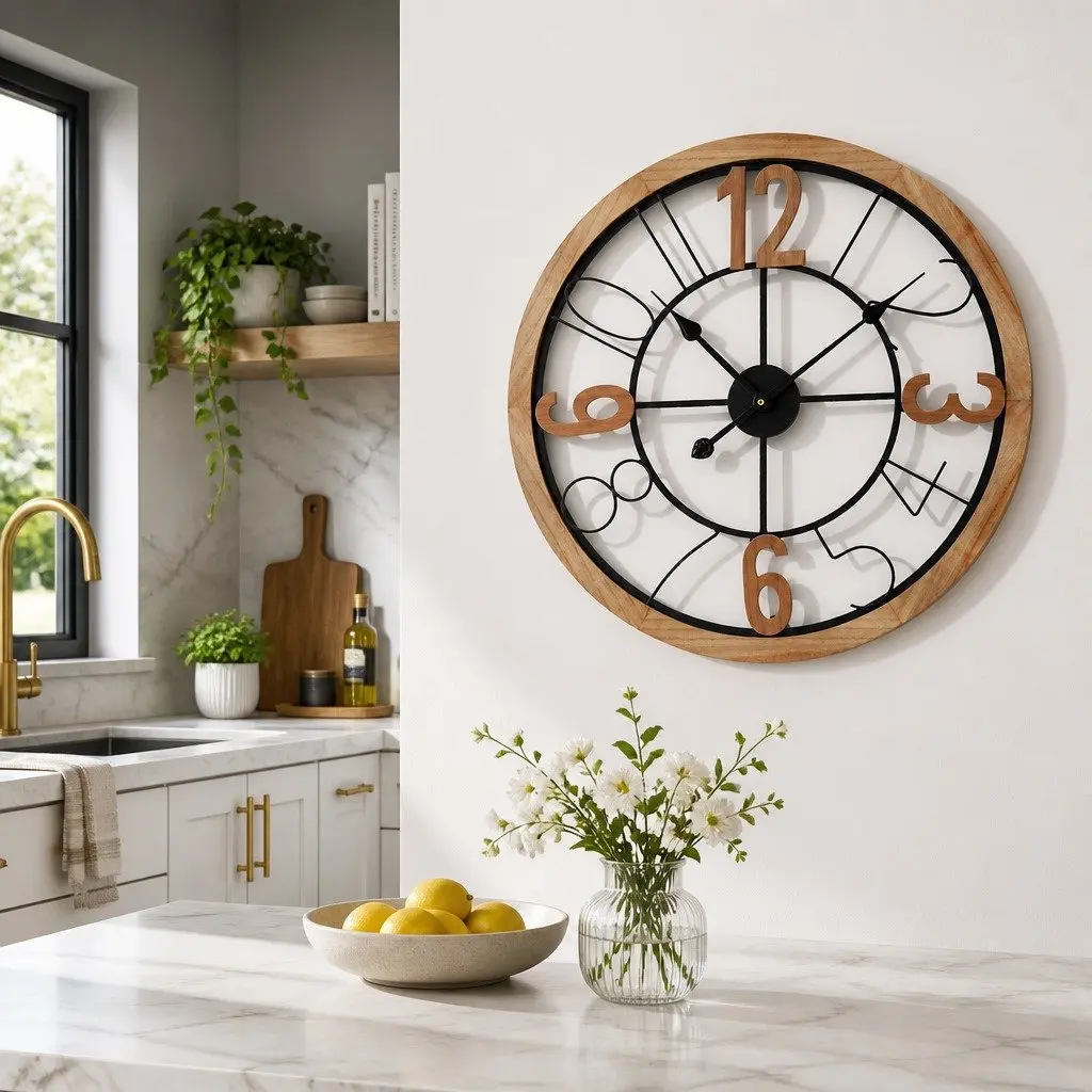 60cm Large Wall Clock with Bold Arabic Numerals in Black and Pine Metal and MDF Frame