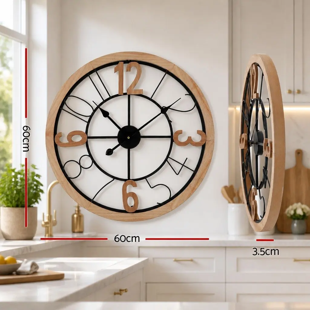 60cm Large Wall Clock with Bold Arabic Numerals in Black and Pine Metal and MDF Frame
