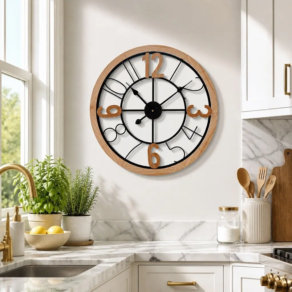 60cm Large Wall Clock with Bold Arabic Numerals in Black and Pine Metal and MDF Frame